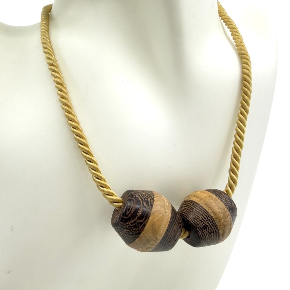Minimalist Wood Bead Necklace Gold Tone Boho Statement Layering Retro 14in